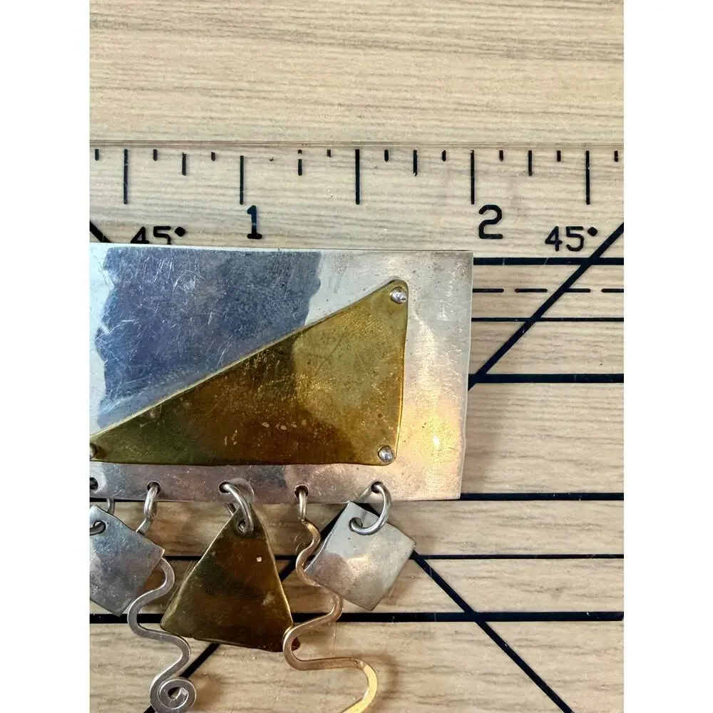 Sterling Silver Modernist Kinetic Brooch Pin With Brass Geometric Dangle